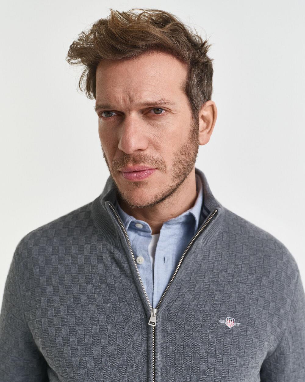 Gant Micro Textured Zip Sweater Dark Grey Melange