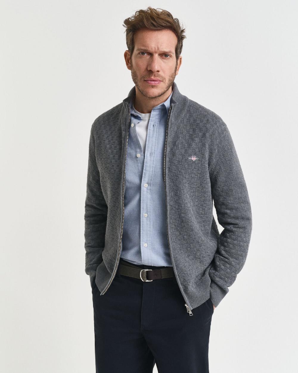 gant Micro Textured Zip Sweater dark grey melange