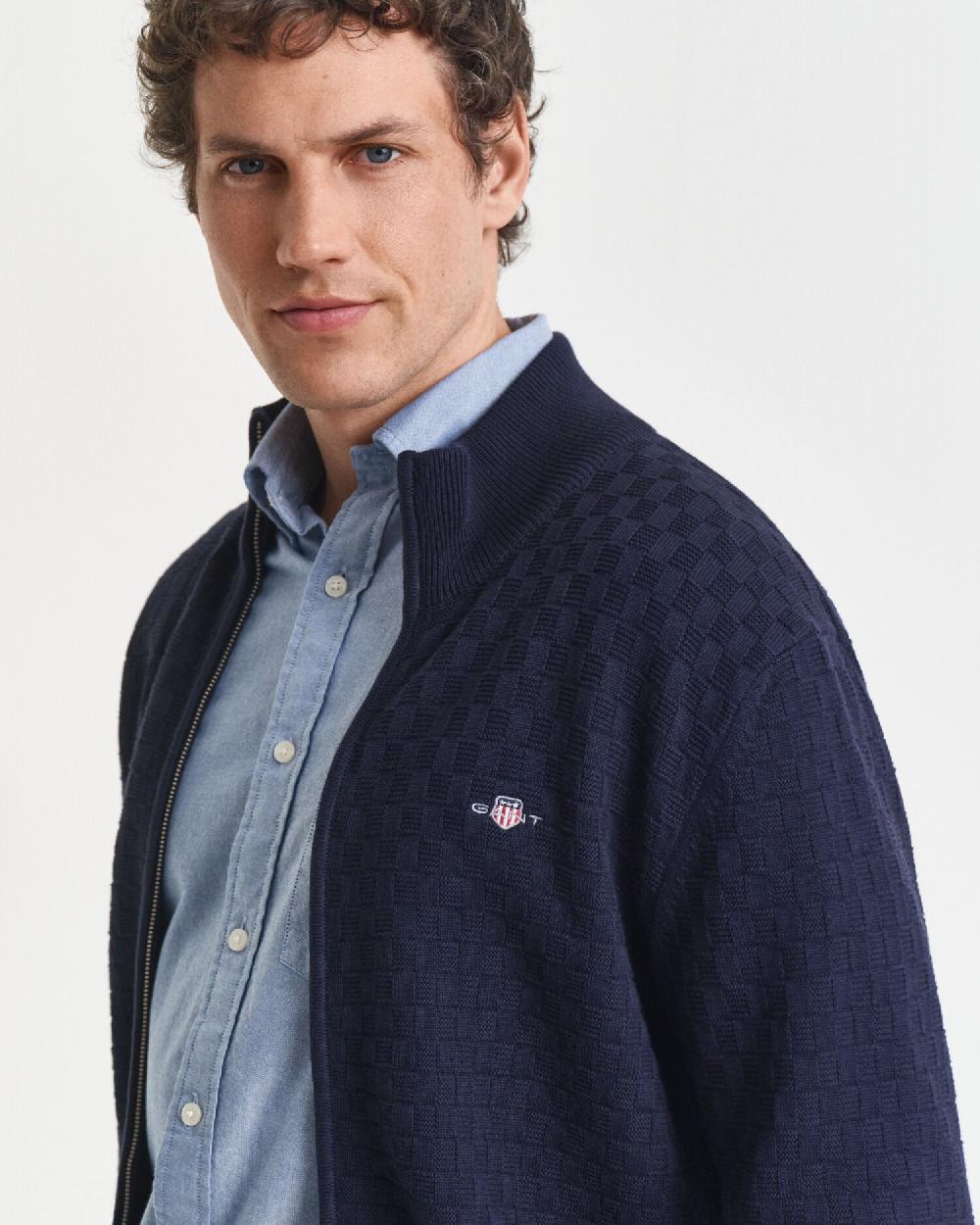 Gant Micro Textured Zip Sweater Evening Blue