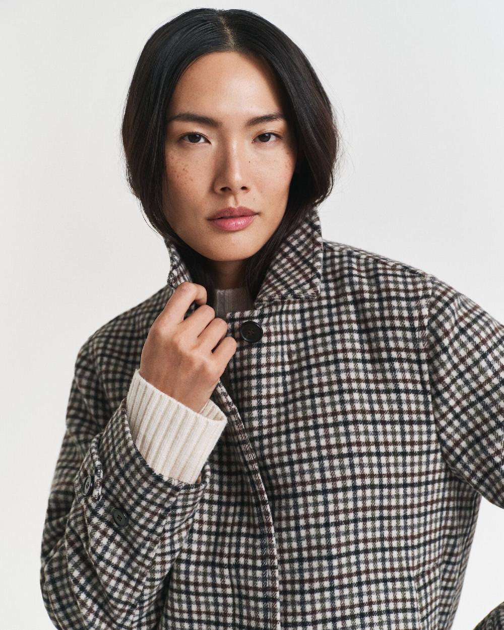 Gant Short Checked Wool Blend Car Coat Putty
