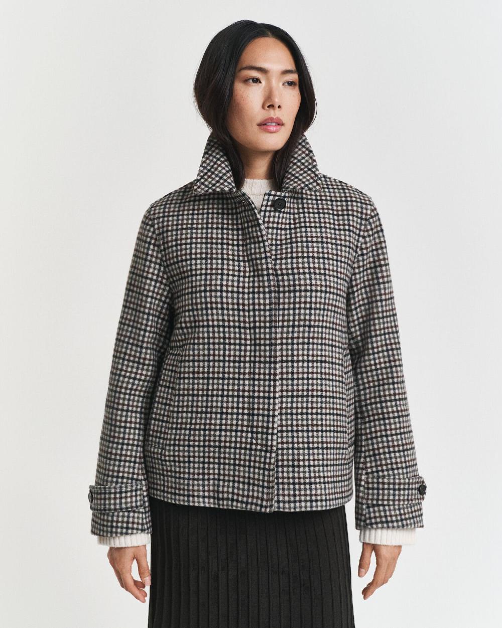 Gant Short Checked Wool Blend Car Coat Putty
