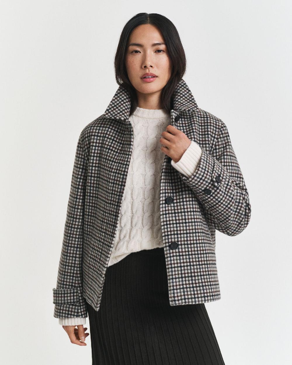 gant Short Checked Wool Blend Car Coat putty