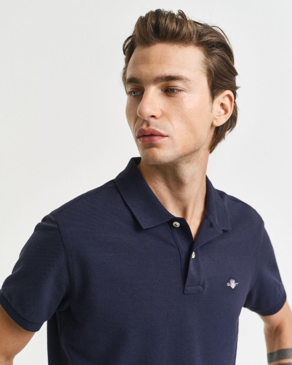 Gant Slim Fit Shield Piqué Polo Shirt Evening Blue