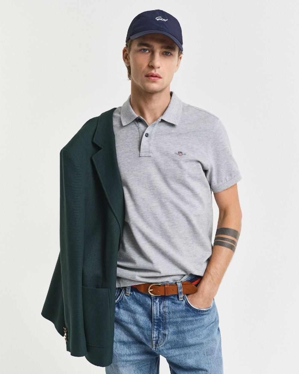 gant Slim Fit Shield Piqué Polo Shirt grey melange