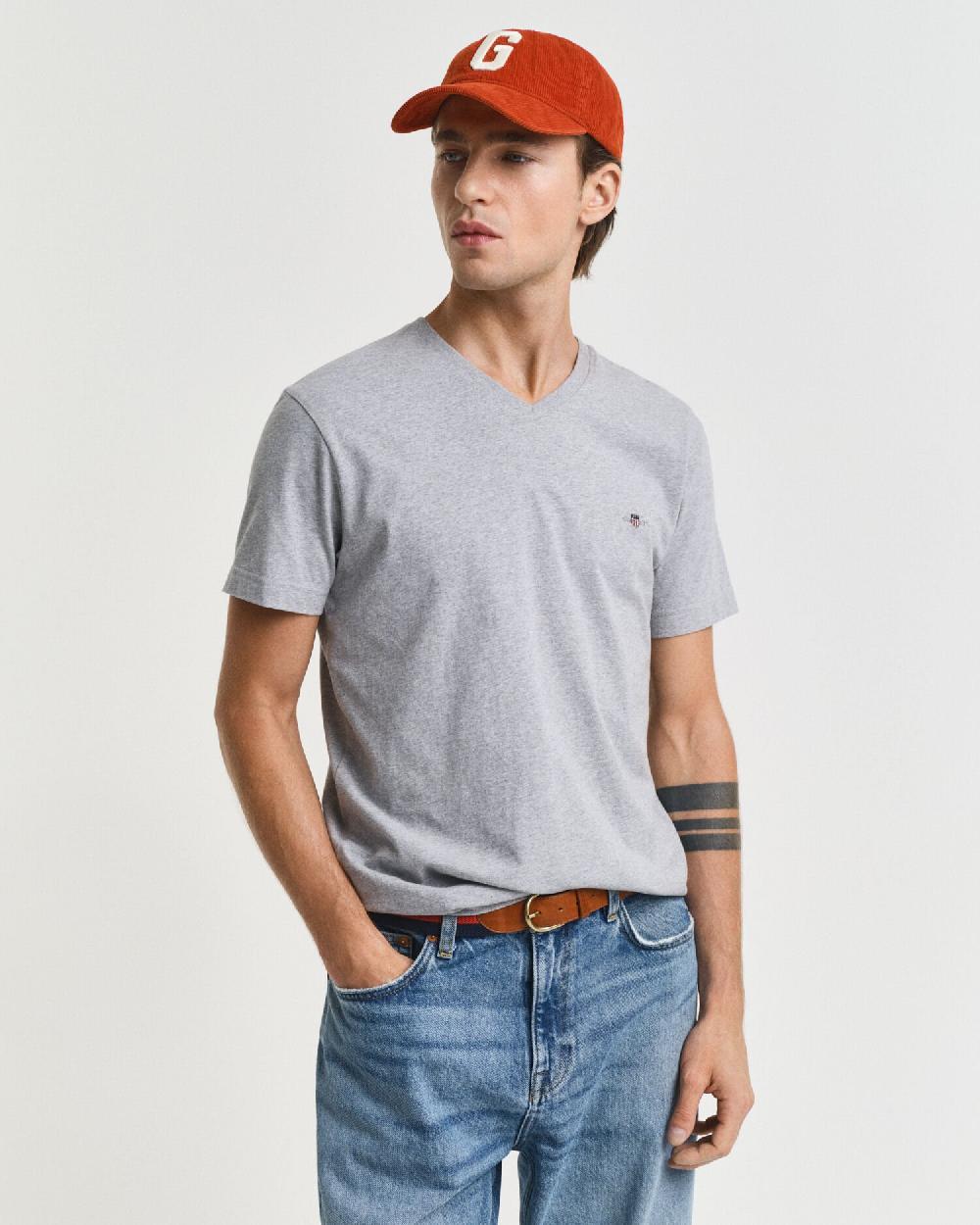 gant Slim Fit Shield V-Neck T-Shirt grey melange