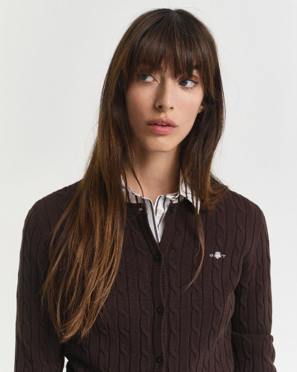 Gant Stretch Cotton Cable Knit Cardigan Deep Brown
