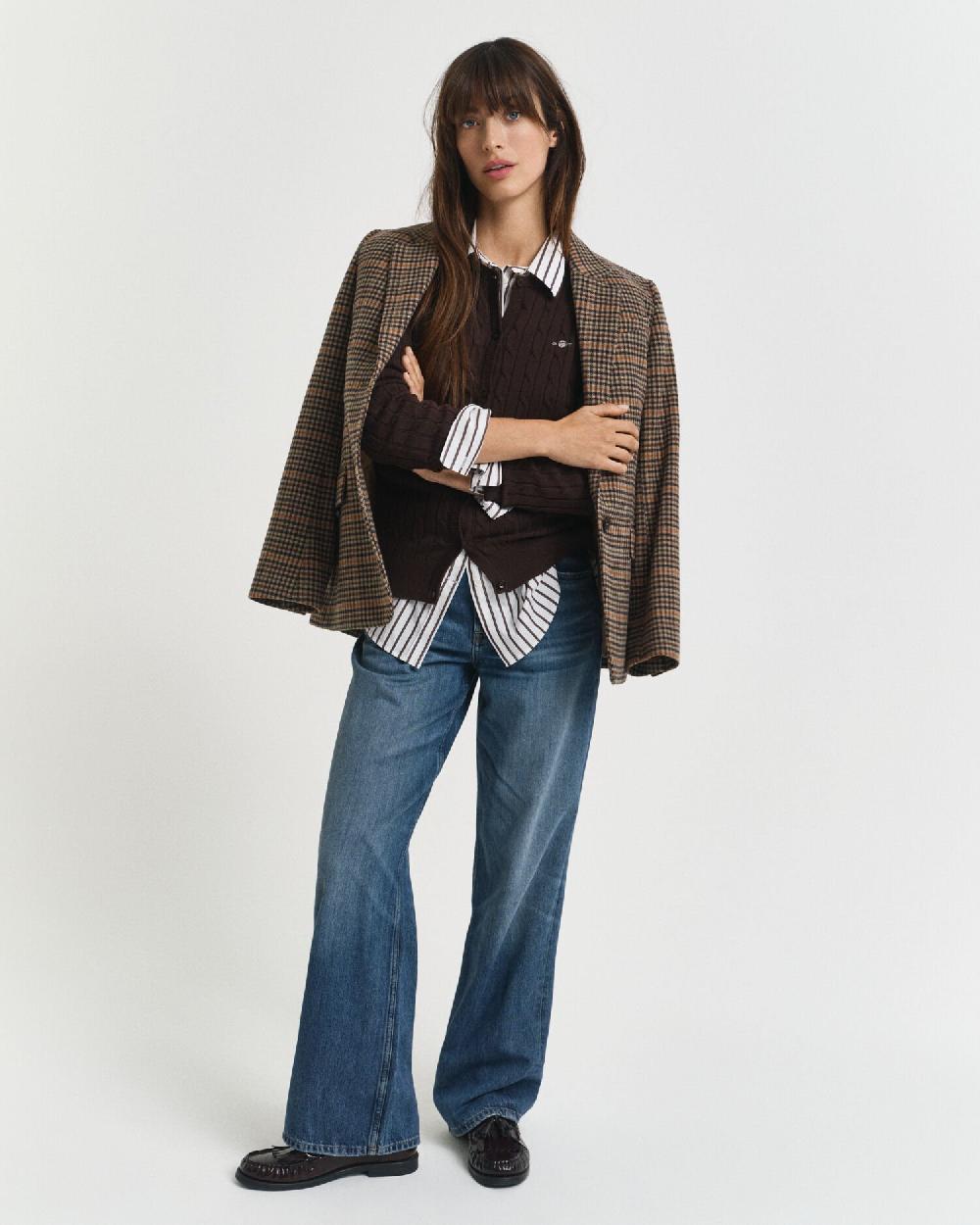 Gant Stretch Cotton Cable Knit Cardigan Deep Brown