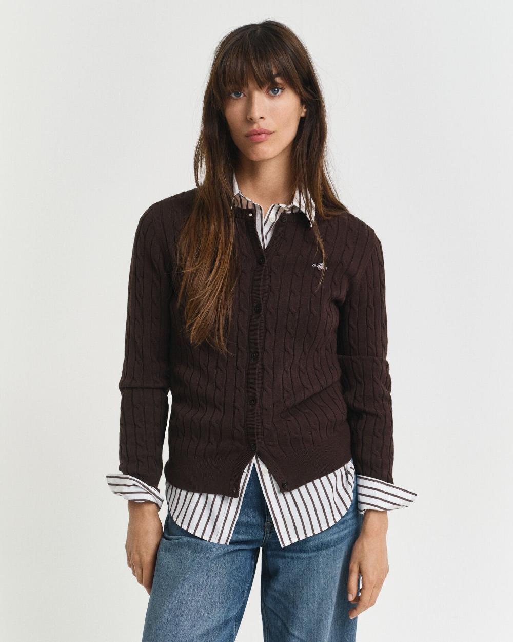 gant Stretch Cotton Cable Knit Cardigan deep brown