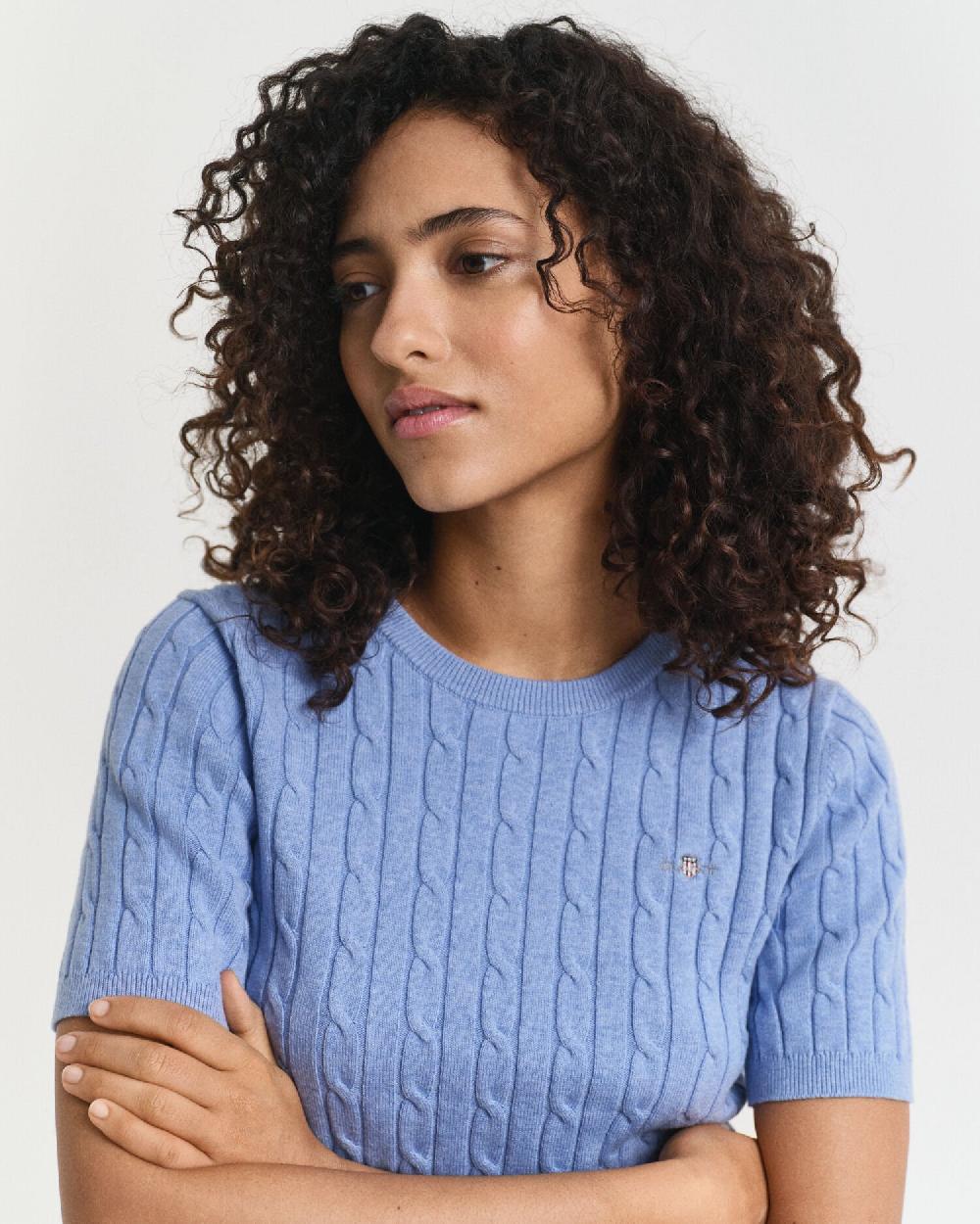 Gant Stretch Cotton Cable Knit Sweater Clear Sky