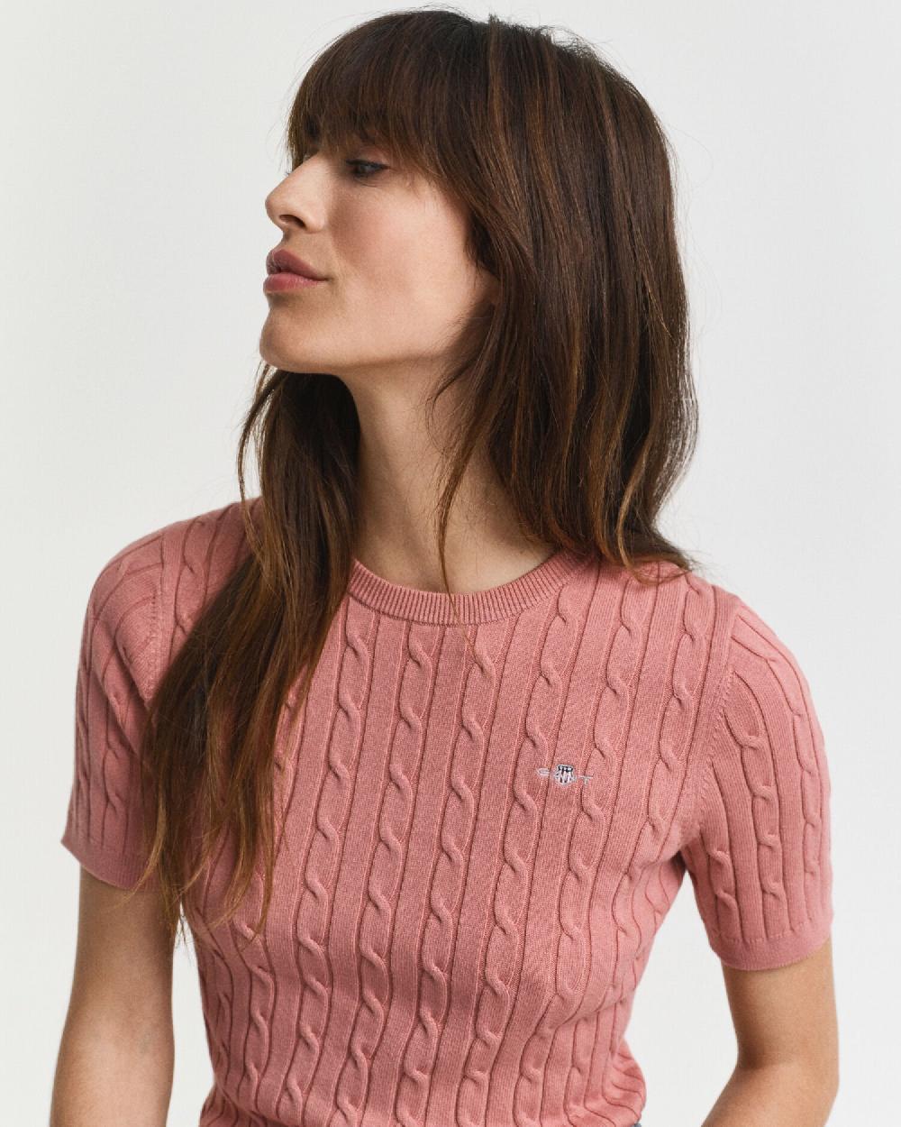 Gant Stretch Cotton Cable Knit Sweater Faded Brick