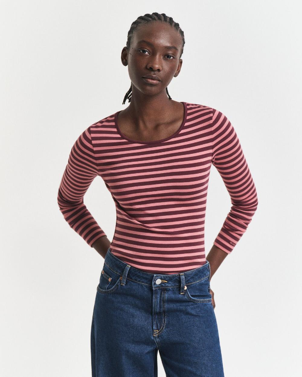 gant Striped Rib Long Sleeve T-Shirt plum wine