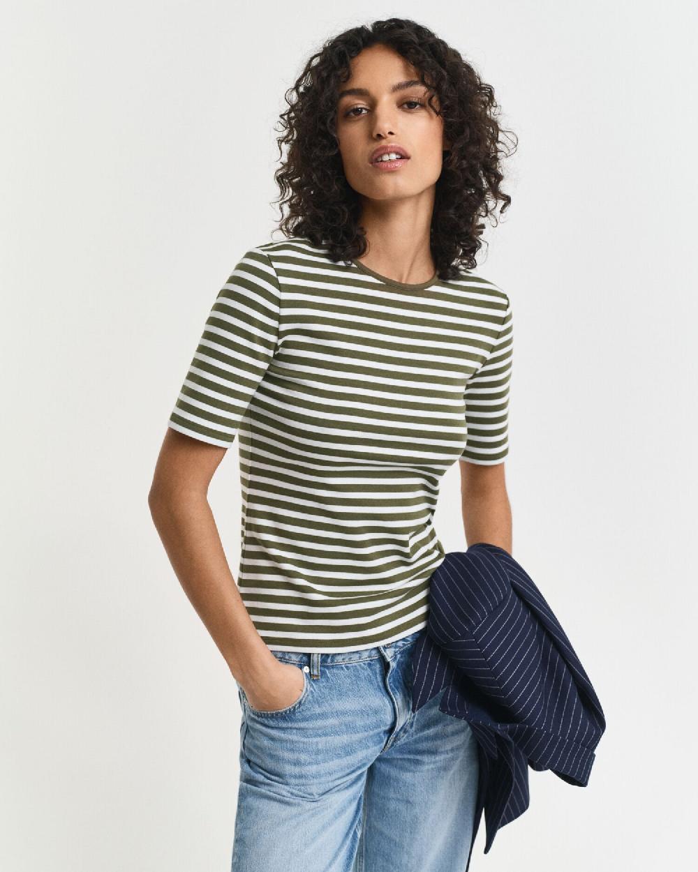 gant Striped Ribbed T-Shirt moss green