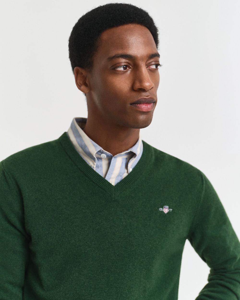Gant Superfine Lambswool V-Neck Sweater Moss Green