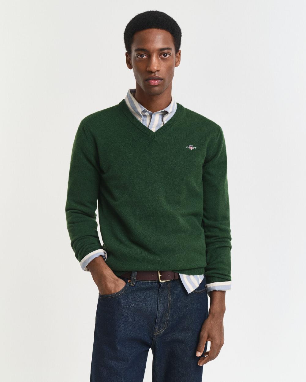 gant Superfine Lambswool V-Neck Sweater moss green
