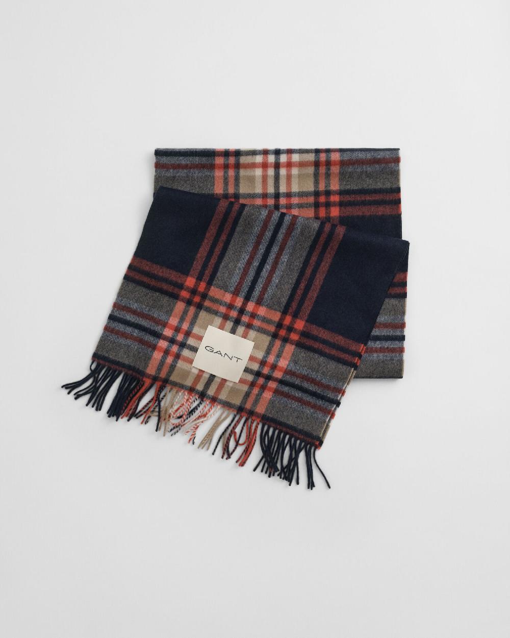 Gant Tartan Checked Wool Scarf Evening Blue