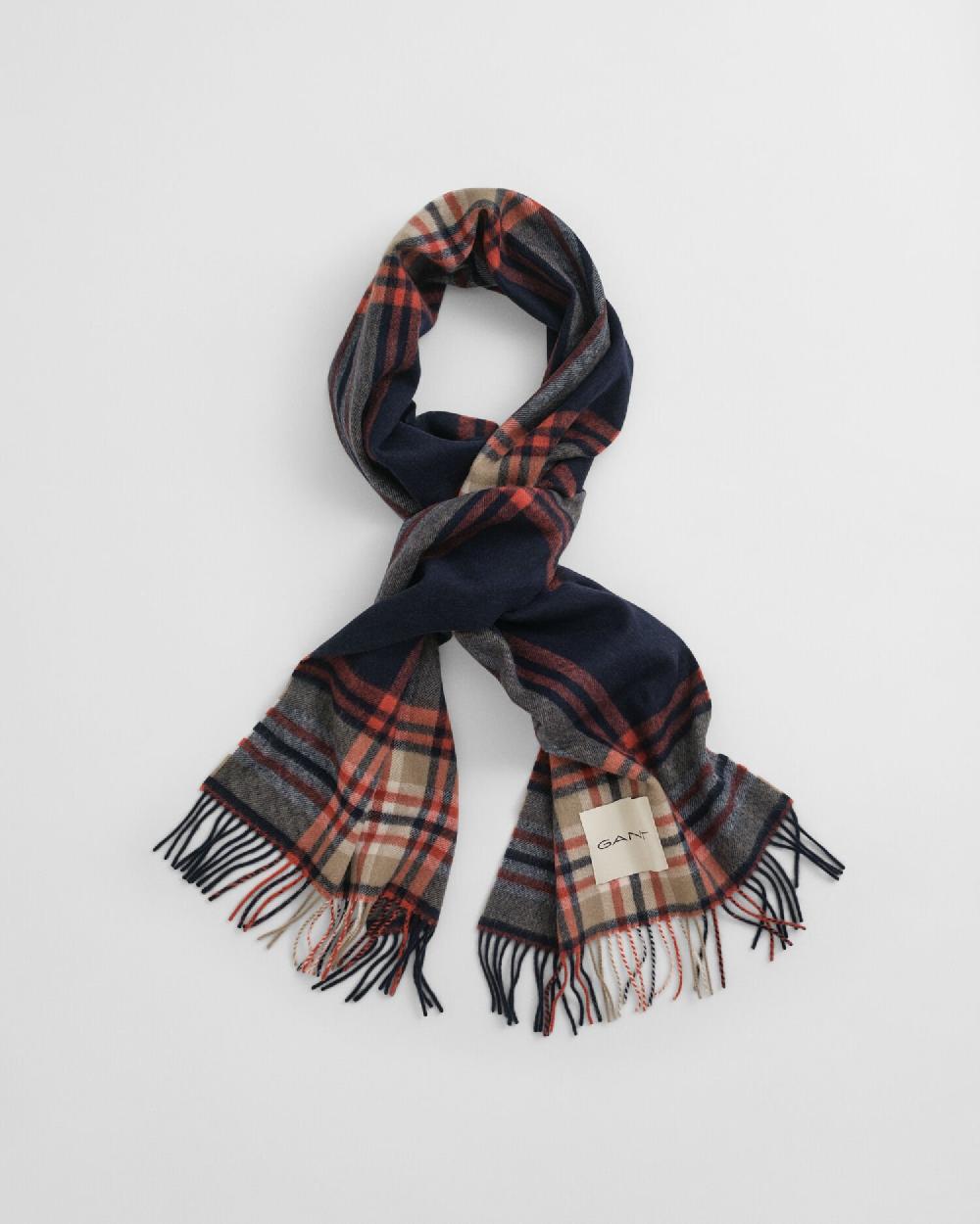 Gant Tartan Checked Wool Scarf Evening Blue
