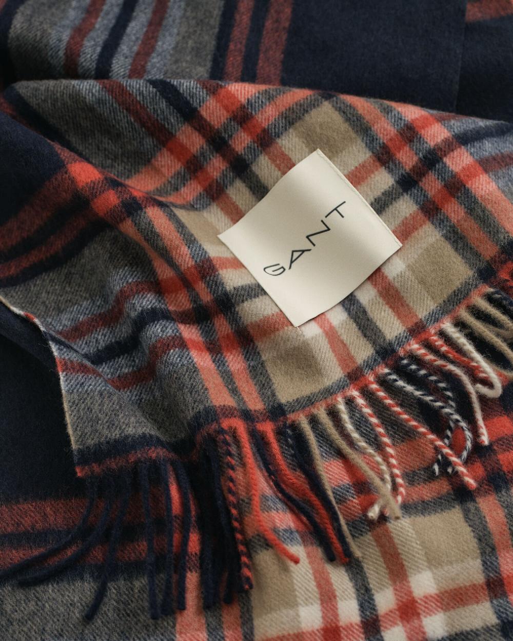 Gant Tartan Checked Wool Scarf Evening Blue