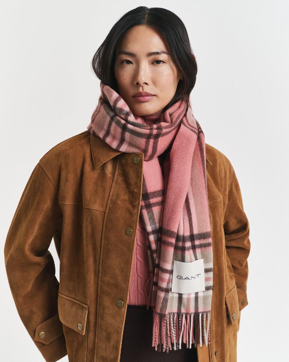gant Tartan Checked Wool Scarf faded brick