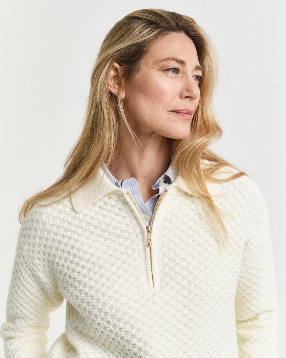 Gant Textured Cotton Half-Zip Sweater Cream