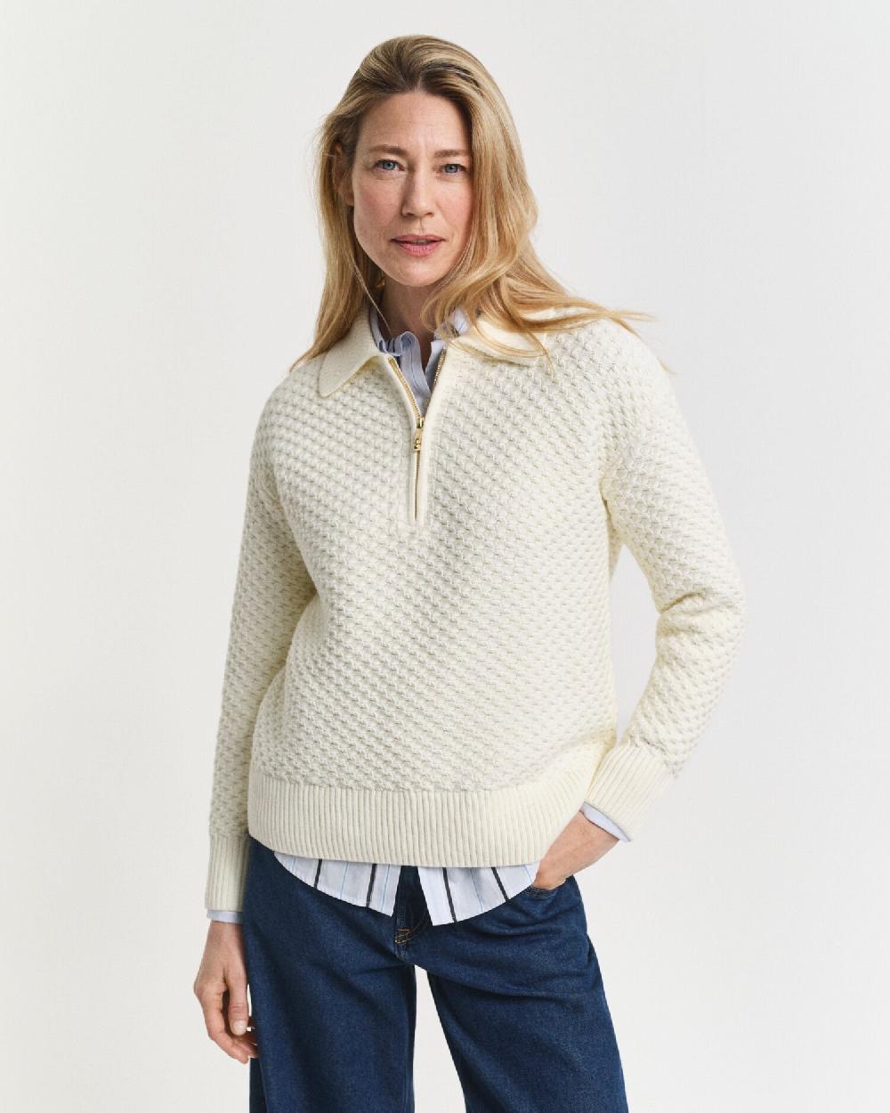 gant Textured Cotton Half-Zip Sweater cream