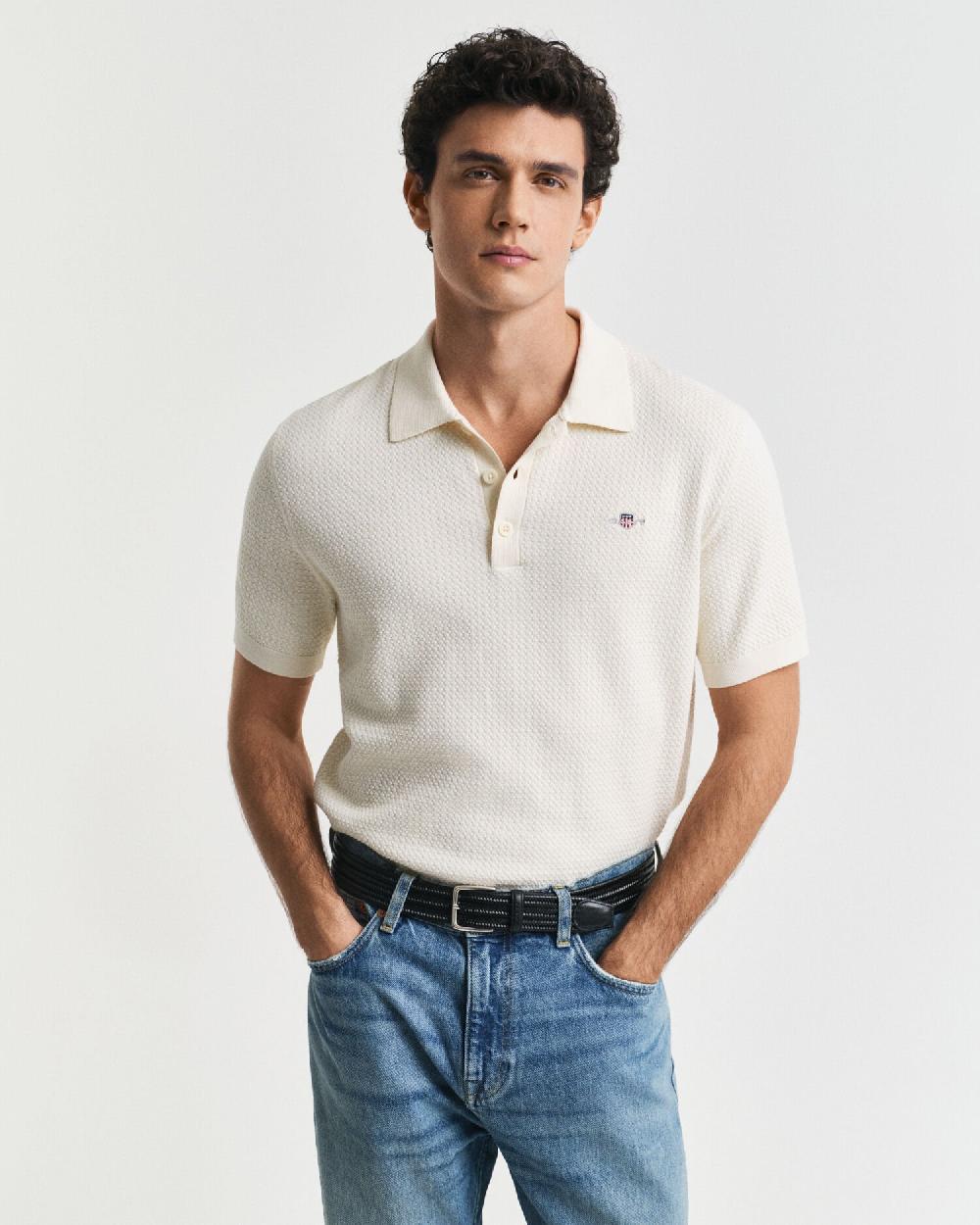 gant Textured Cotton Polo Shirt cream