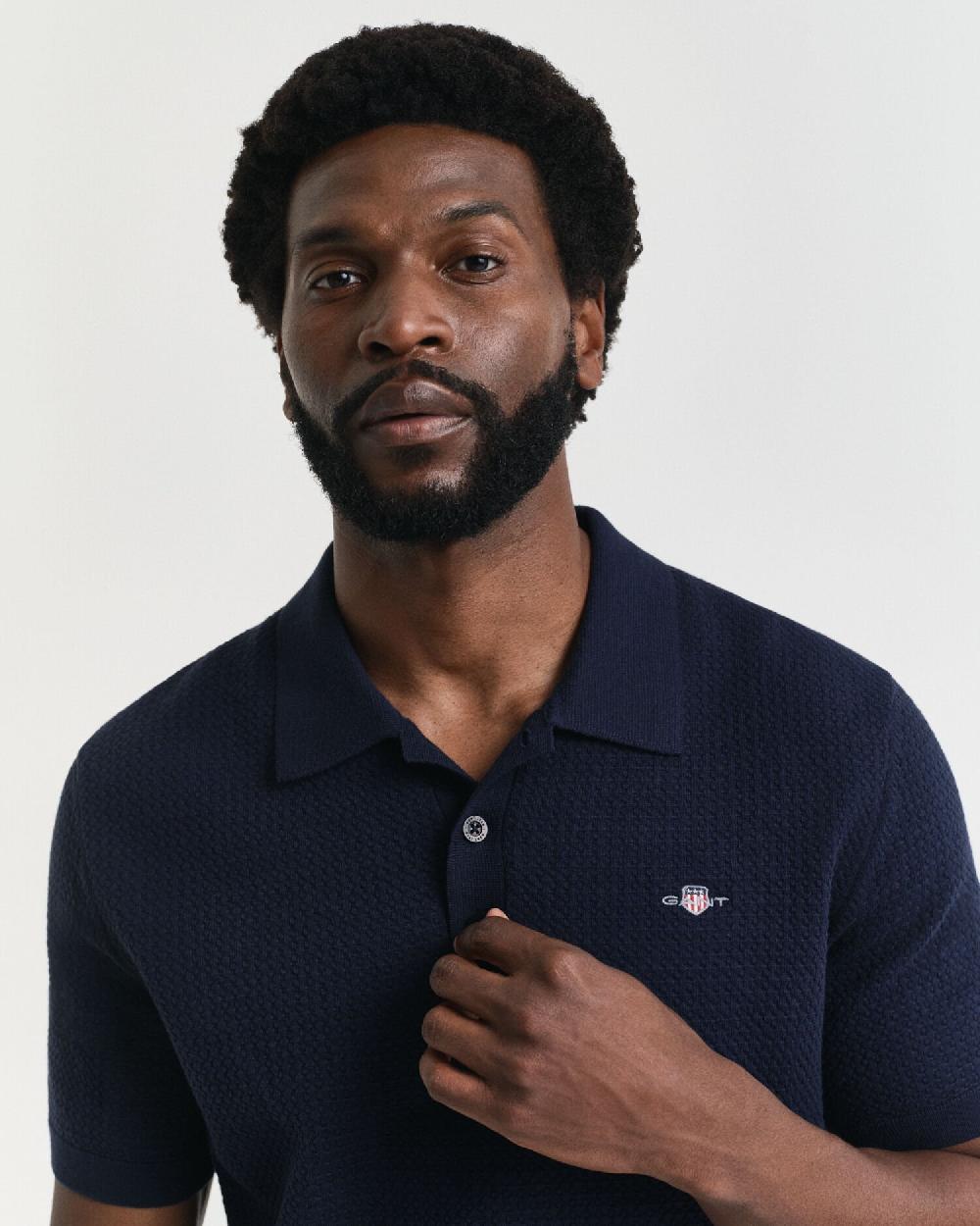 Gant Textured Cotton Polo Shirt Evening Blue