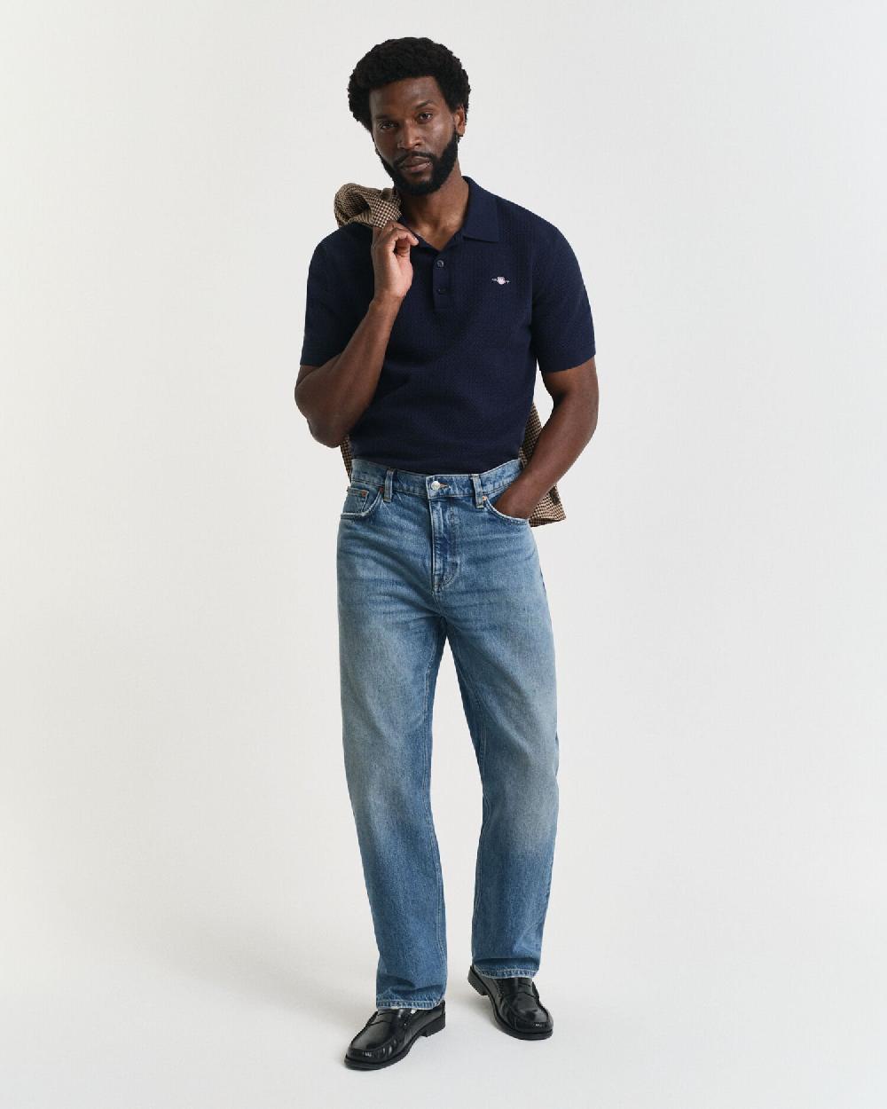 Gant Textured Cotton Polo Shirt Evening Blue