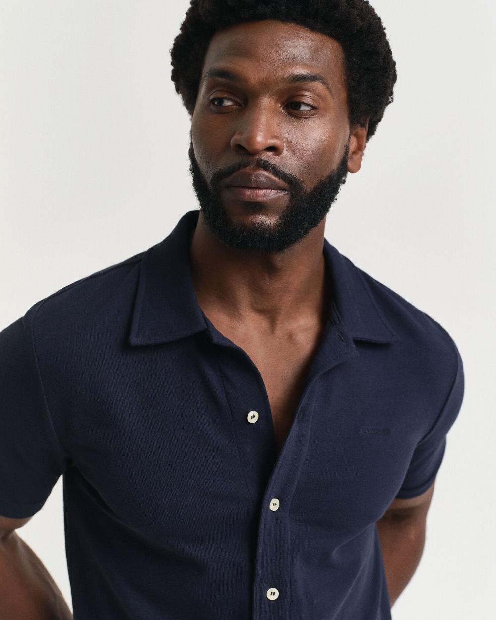 Gant Textured Short Sleeve Shirt Evening Blue