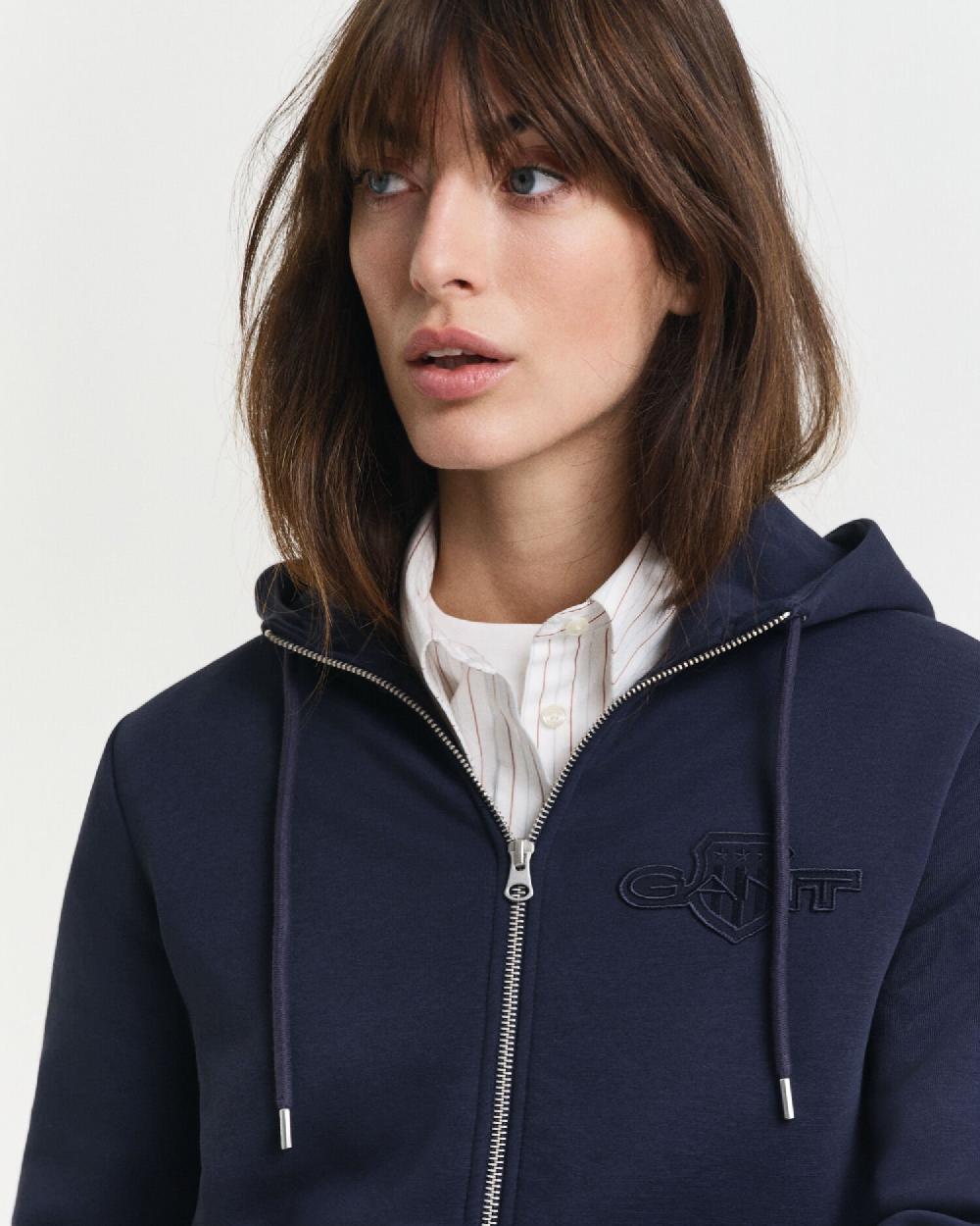 Gant Tonal Shield Zip Hoodie Evening Blue
