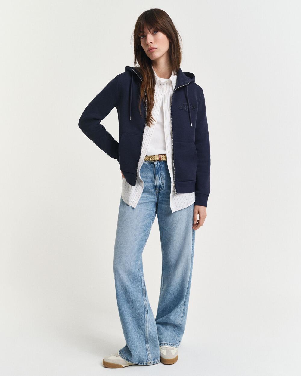 Gant Tonal Shield Zip Hoodie Evening Blue