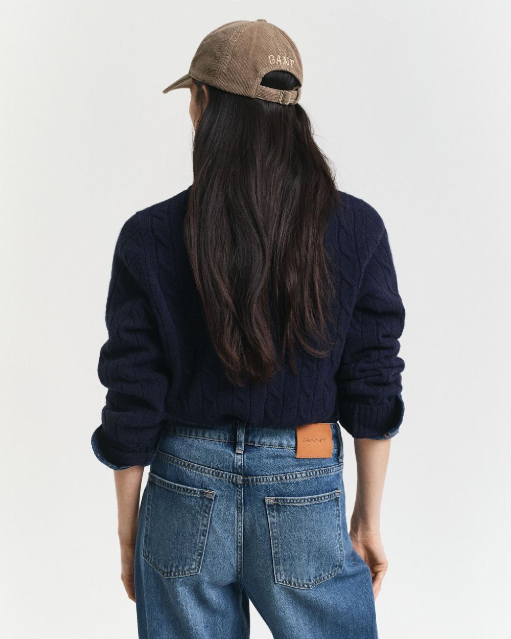 Gant Lambswool Cable Knit Crew Neck Sweater Evening Blue