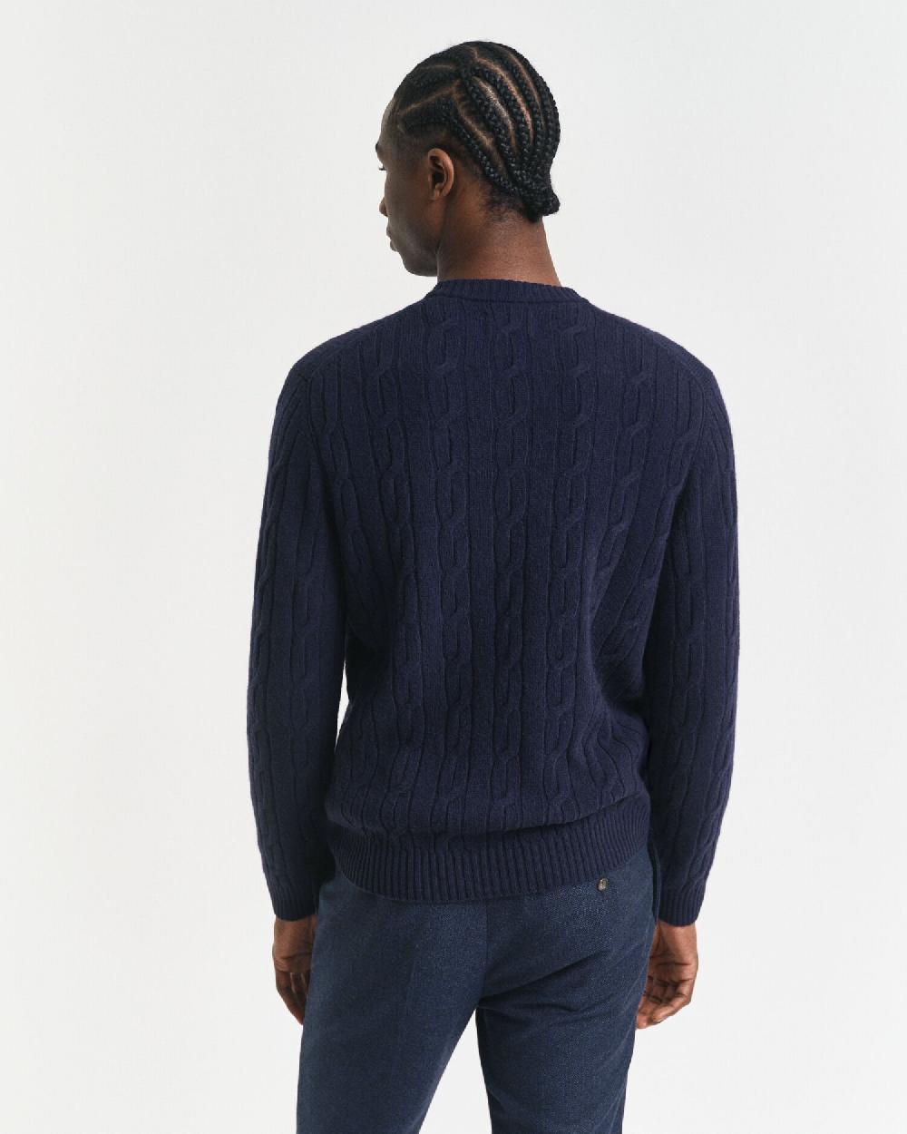Gant Lambswool Cable Knit Crew Neck Sweater Evening Blue