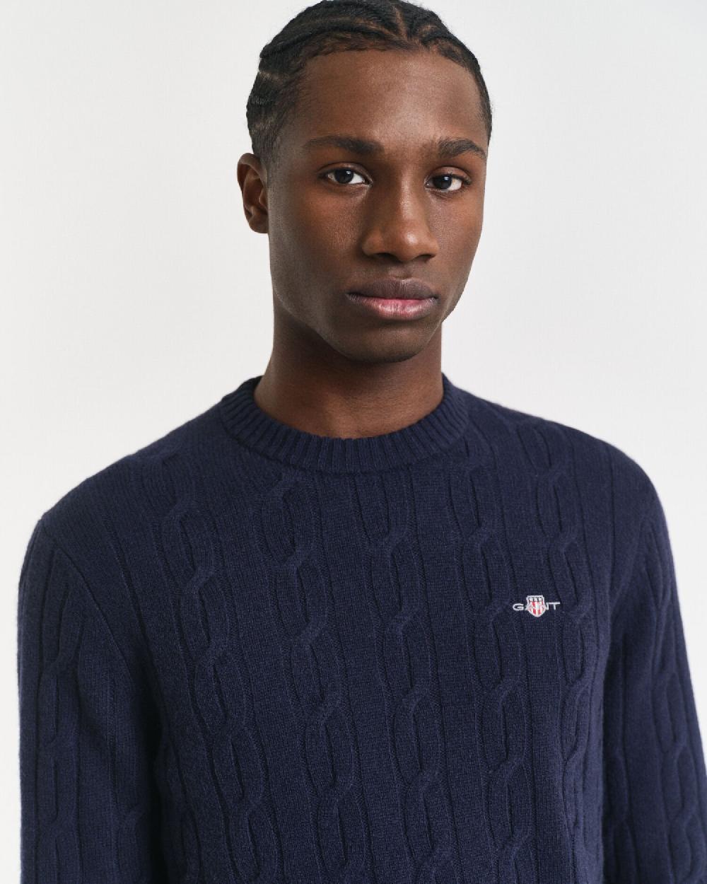 Gant Lambswool Cable Knit Crew Neck Sweater Evening Blue