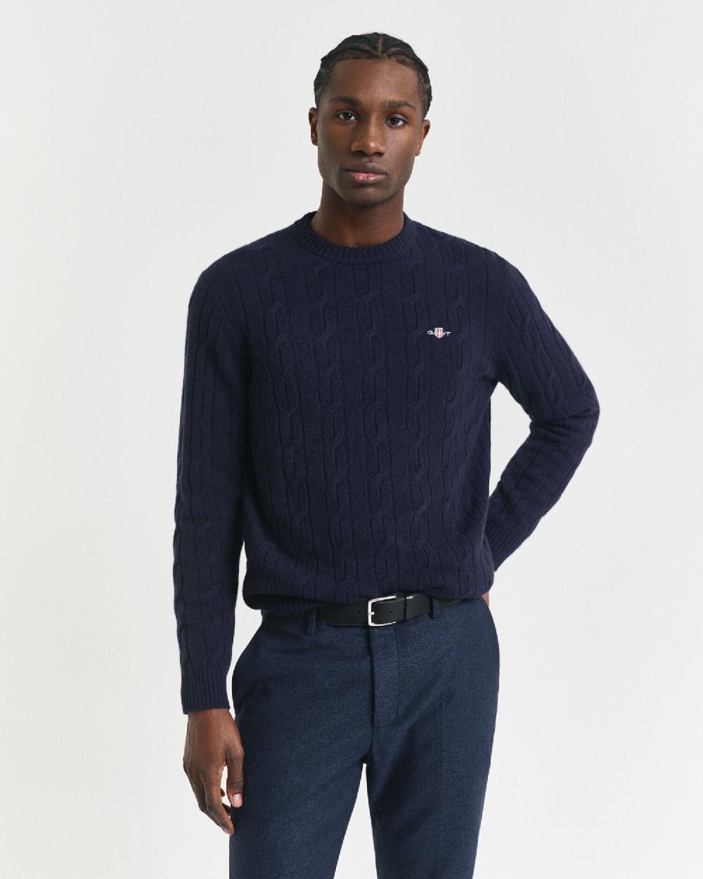 gant Lambswool Cable Knit Crew Neck Sweater evening blue