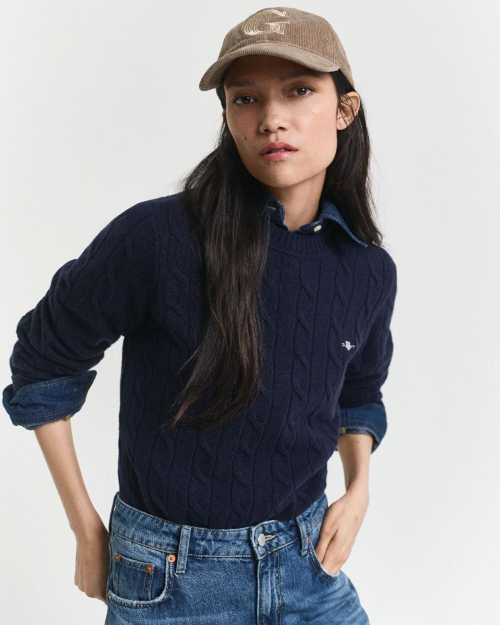 gant Lambswool Cable Knit Crew Neck Sweater evening blue