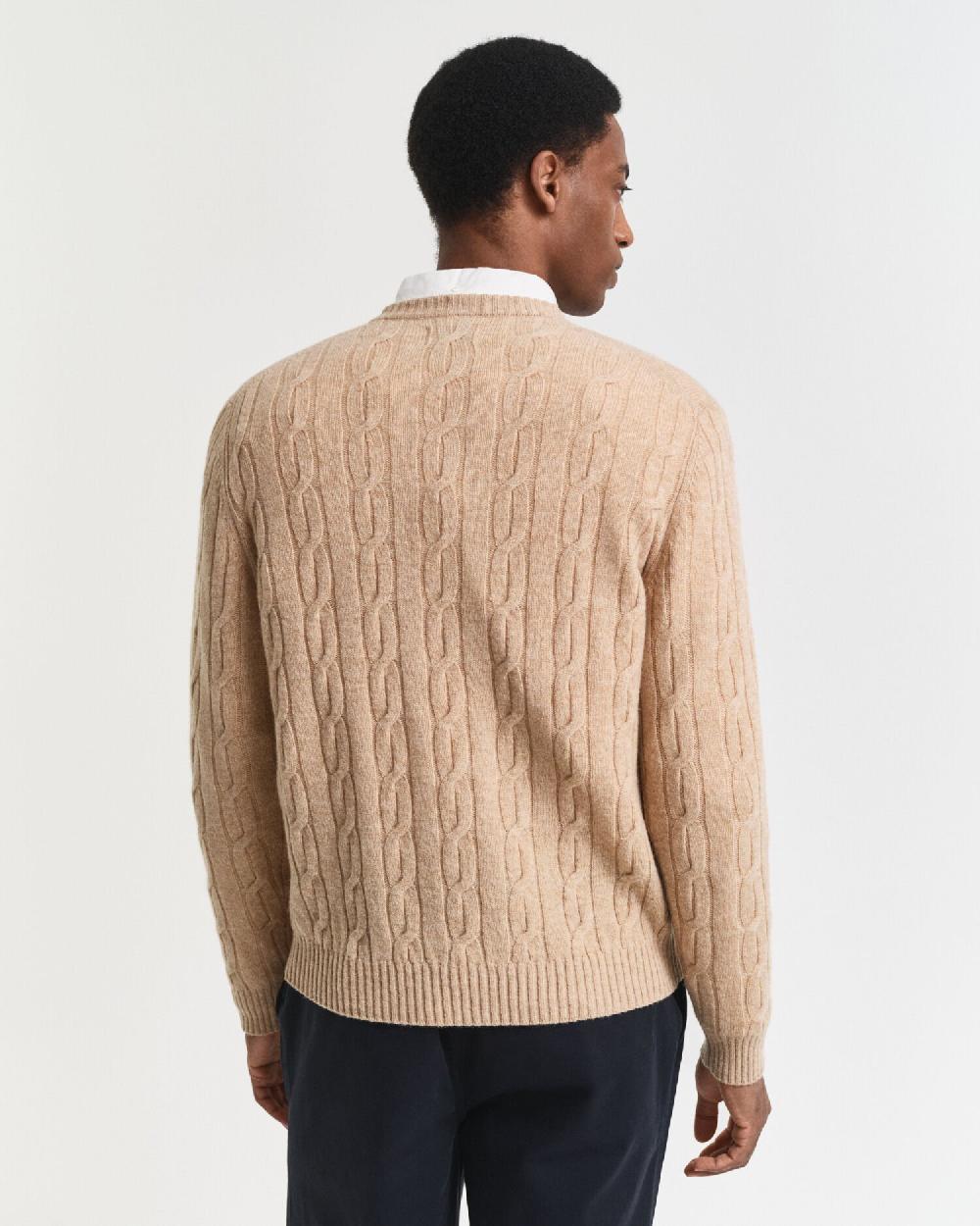Gant Lambswool Cable Knit Crew Neck Sweater Khaki Melange