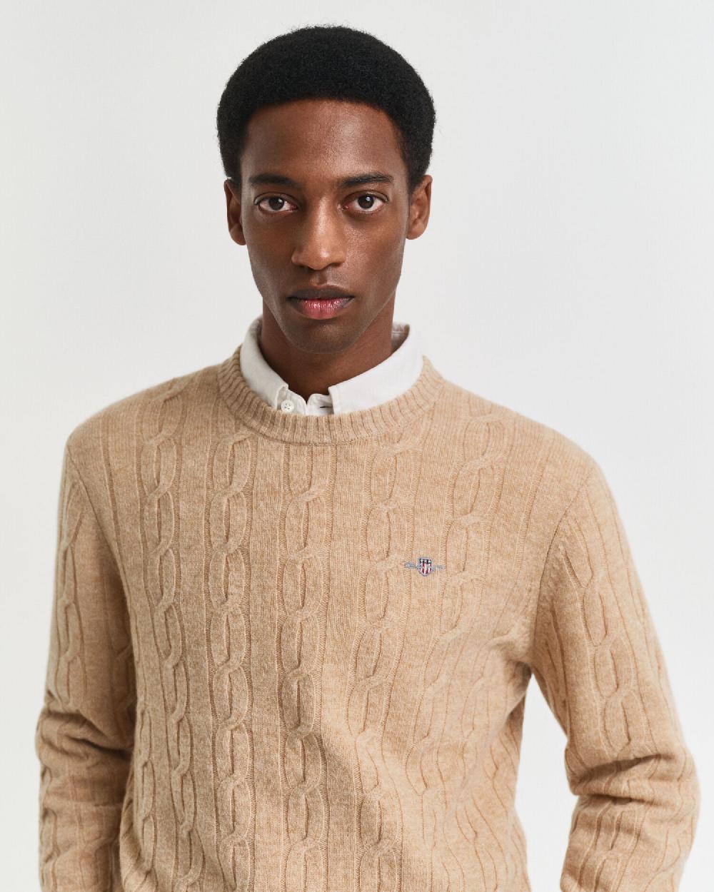 Gant Lambswool Cable Knit Crew Neck Sweater Khaki Melange
