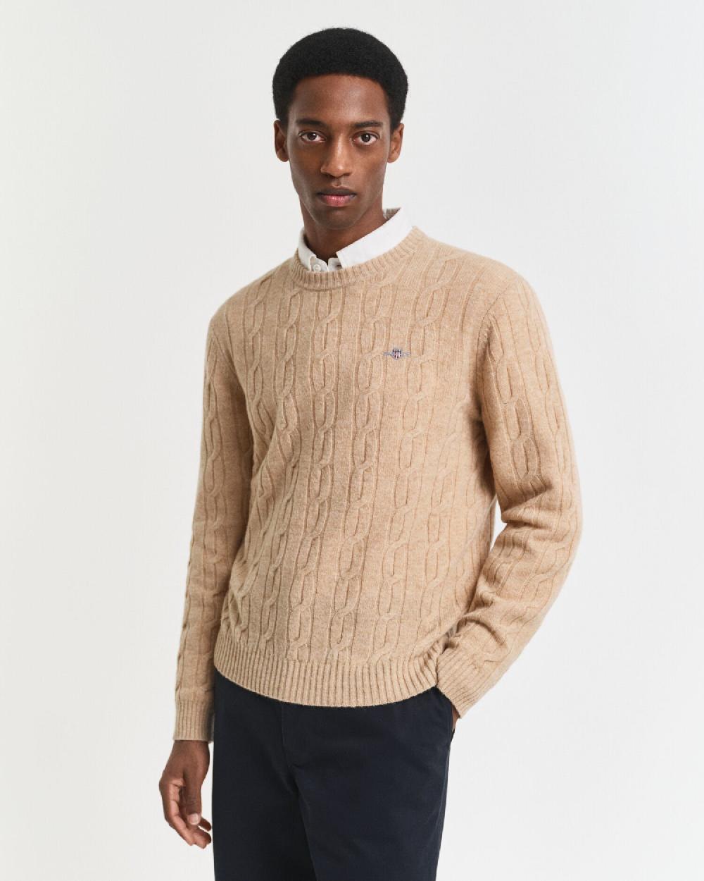 gant Lambswool Cable Knit Crew Neck Sweater khaki melange