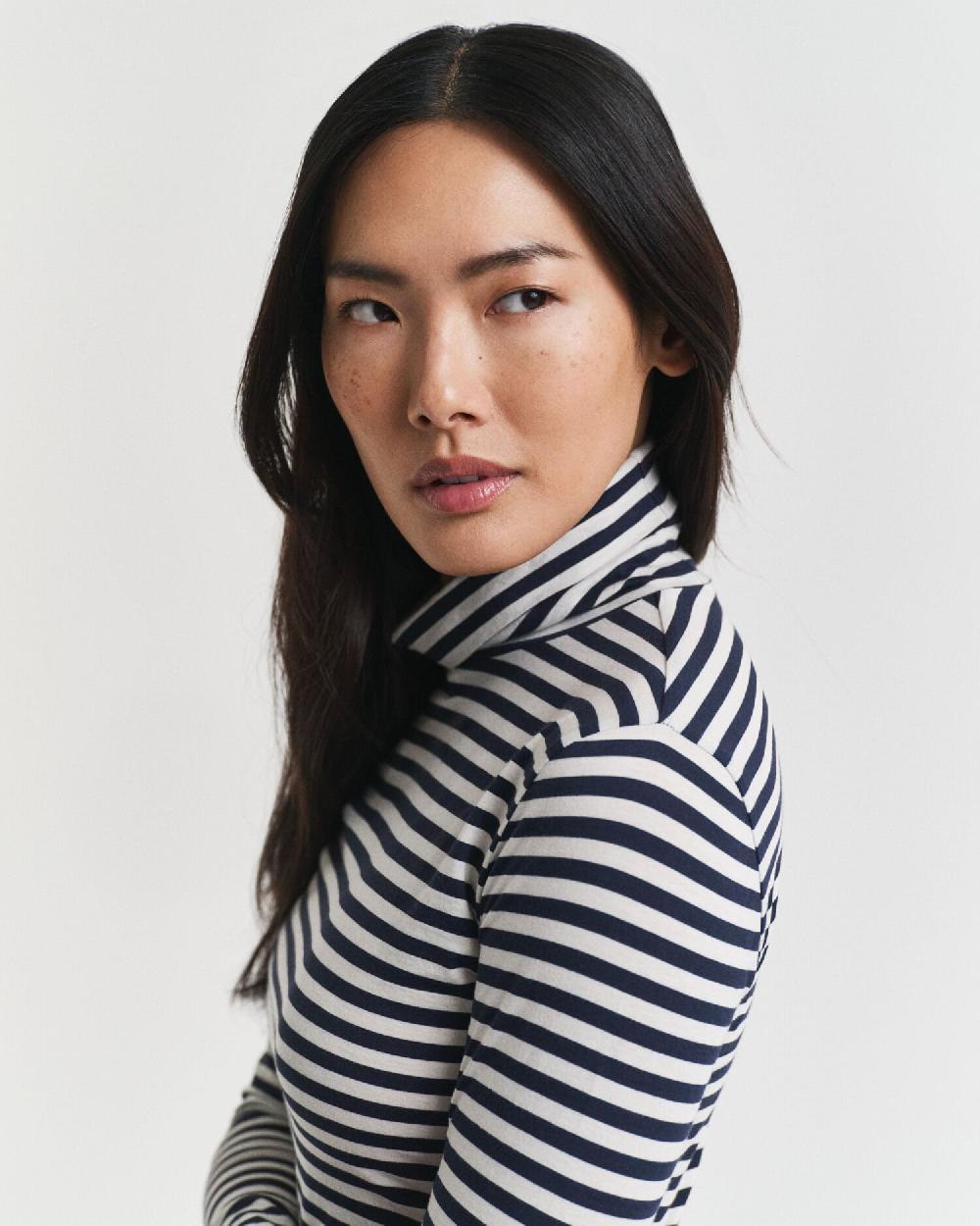 Gant Lightweight Striped Cotton Turtleneck Top Evening Blue