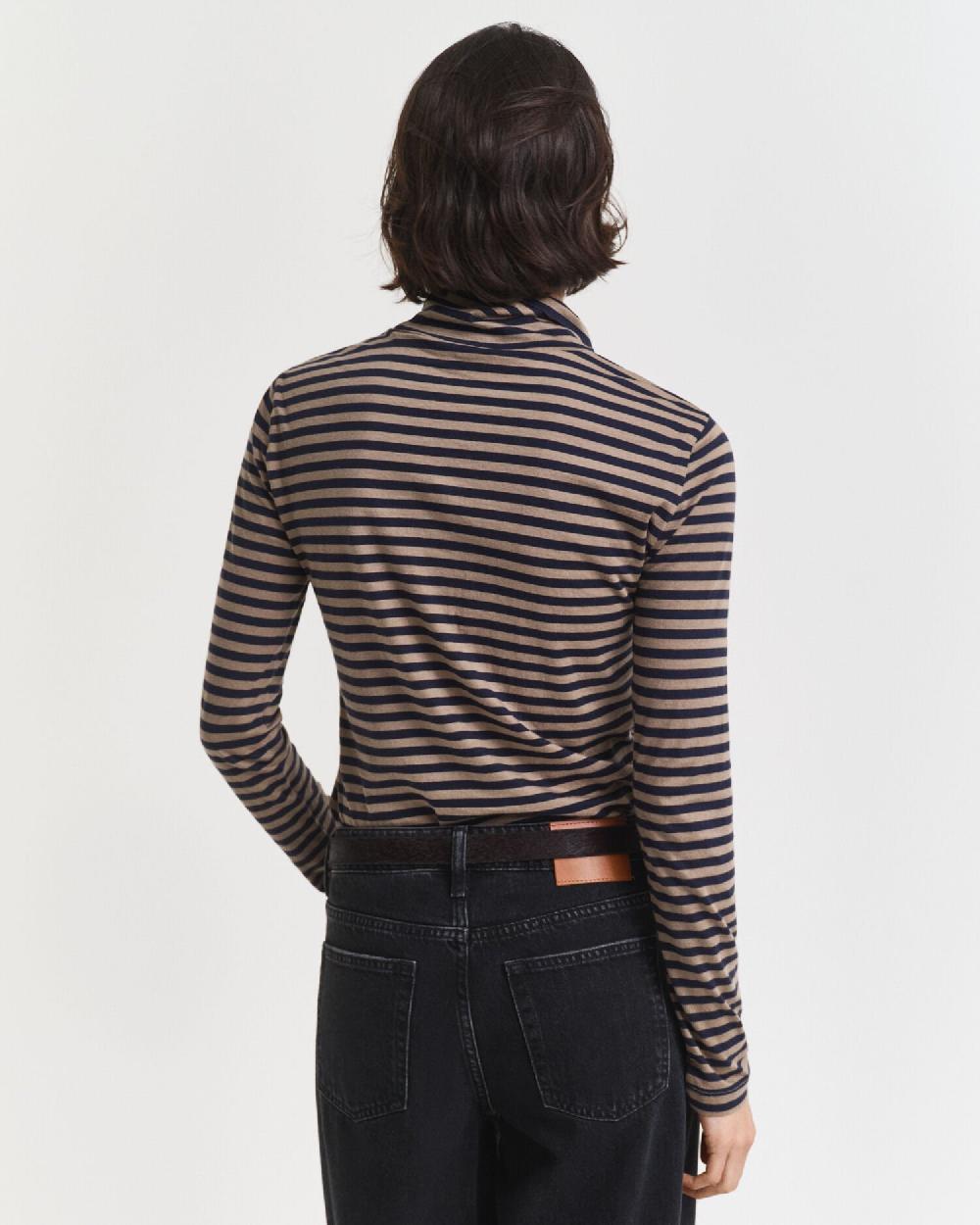 Gant Lightweight Striped Cotton Turtleneck Top Taupe Beige