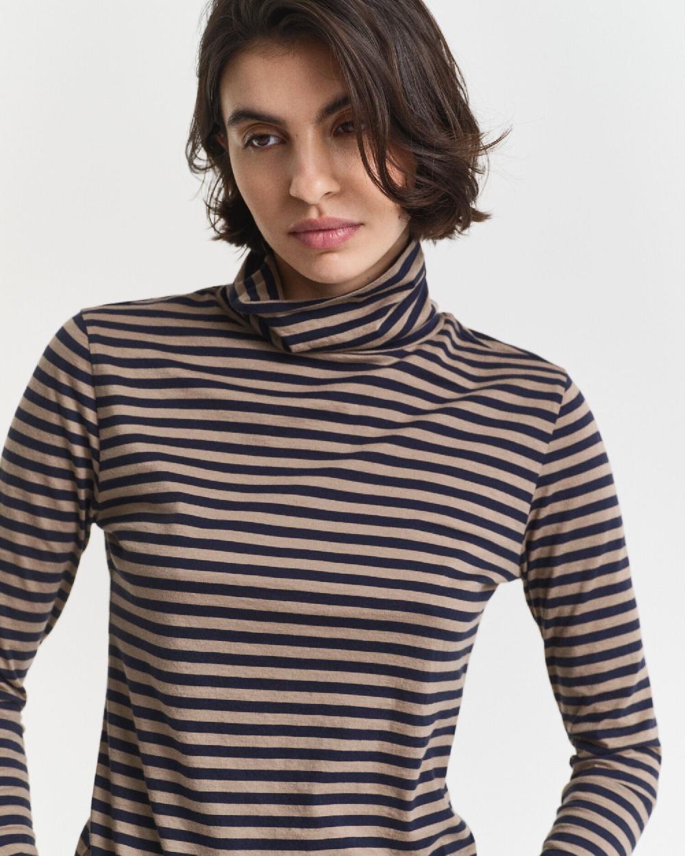 Gant Lightweight Striped Cotton Turtleneck Top Taupe Beige