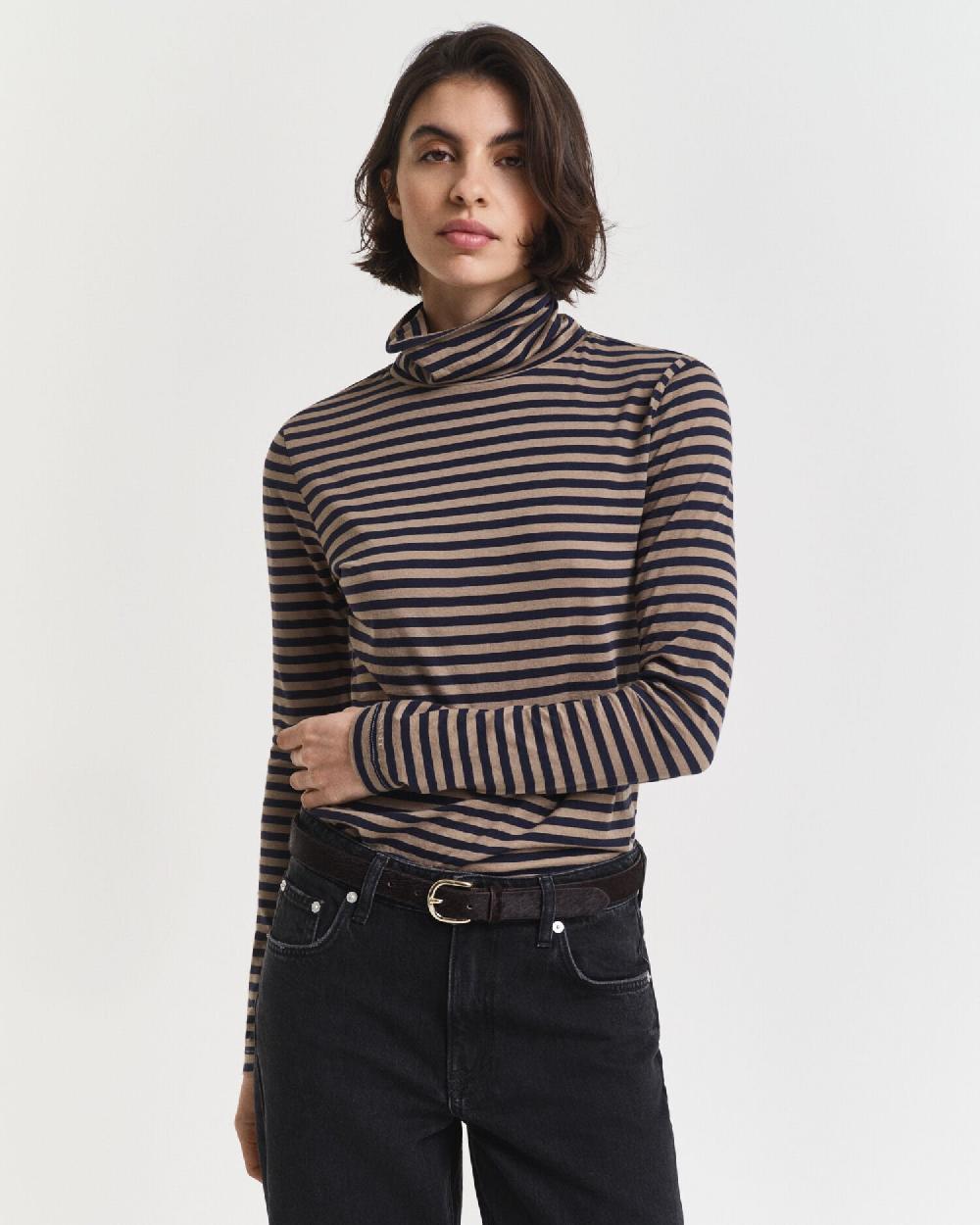 gant Lightweight Striped Cotton Turtleneck Top taupe beige