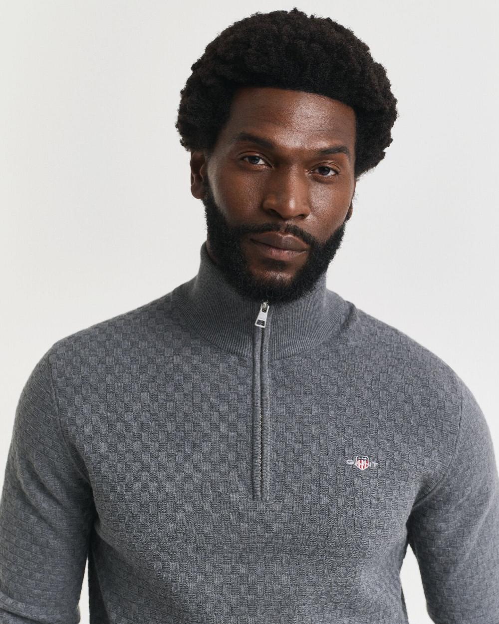 Gant Micro Textured Half-Zip Sweater Dark Grey Melange