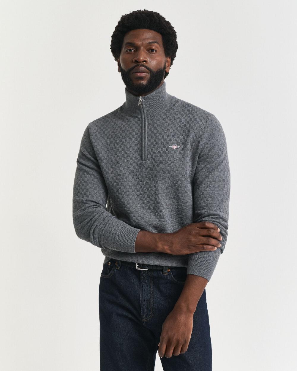 gant Micro Textured Half-Zip Sweater dark grey melange