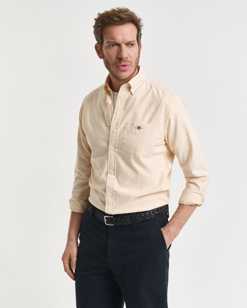gant Regular Fit Banker Stripe Classic Oxford Shirt yellow lichen