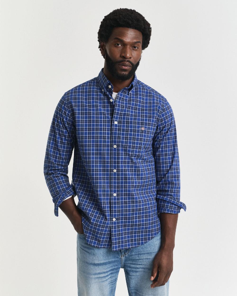 gant Regular Fit Checked Classic Poplin Shirt college blue