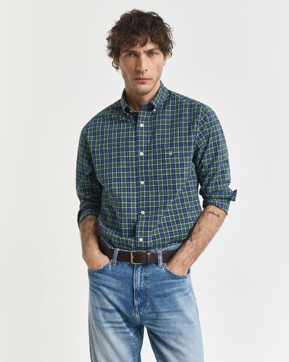 gant Regular Fit Checked Classic Poplin Shirt forest green