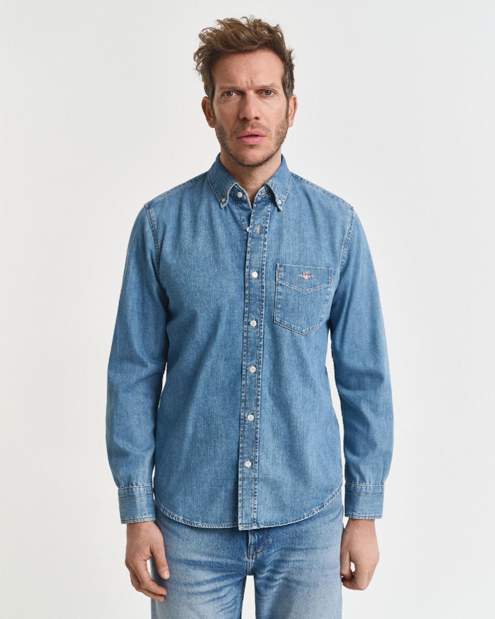 Gant Regular Fit Denim Shirt Semi Light Blue Worn In