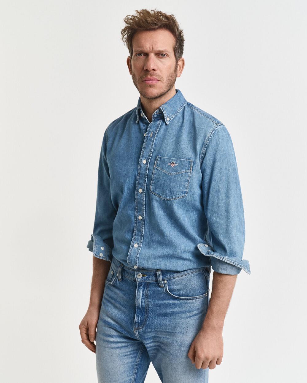 gant Regular Fit Denim Shirt semi light blue worn in