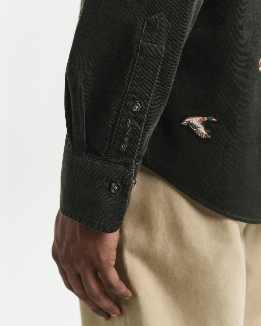 Gant Regular Fit Embroidered Corduroy Shirt Dark Moss Green